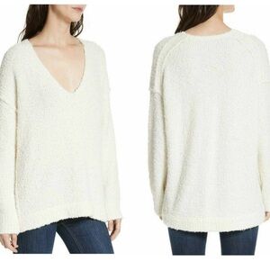 Free People Cream Lofty Boucle Slouchy V-neck Pullover Sweater- Alpaca Blend